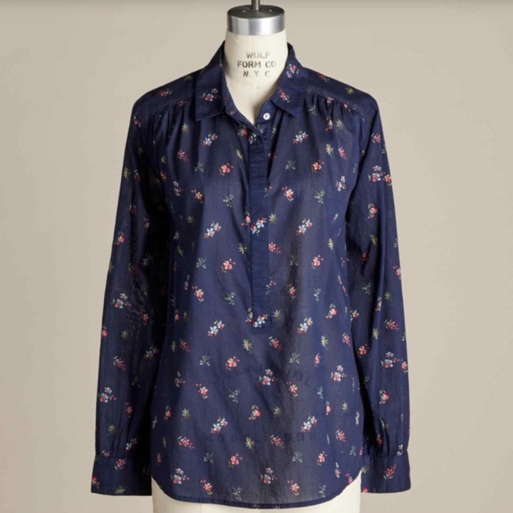 Sundance Poppy Bloom Floral Henley Button Popover Top Long Sleeve Navy Blue